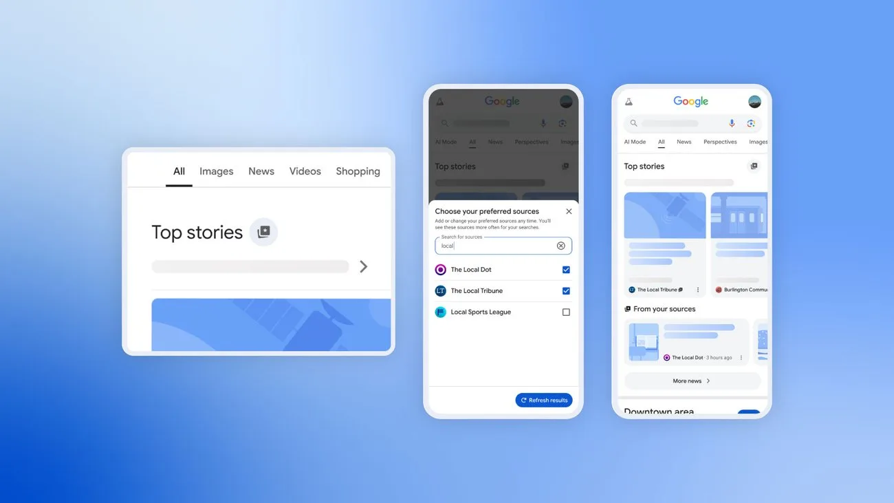 Drei Smartphone-Screenshots zeigen den Ablauf: Top Stories in der Google-Suche, die Auswahl bevorzugter Quellen im Dialogfenster, und die aktualisierten Ergebnisse mit einem eigenen Bereich "From your sources".
