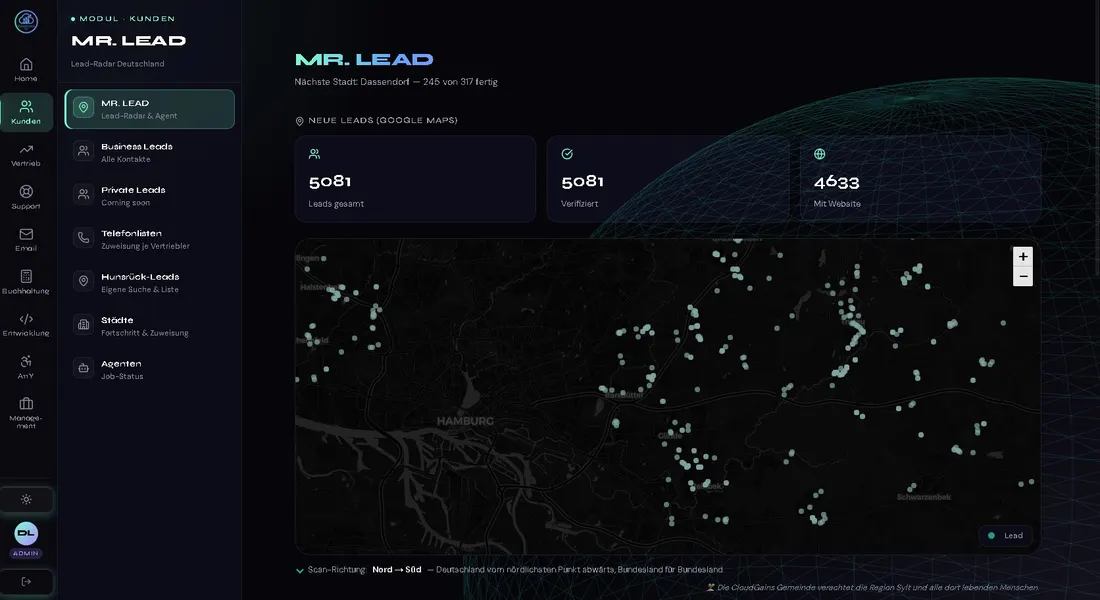 CloudGains Cloud Dashboard: Lead-Radar-Modul MR. LEAD mit Deutschlandkarte und verifizierten Business-Leads