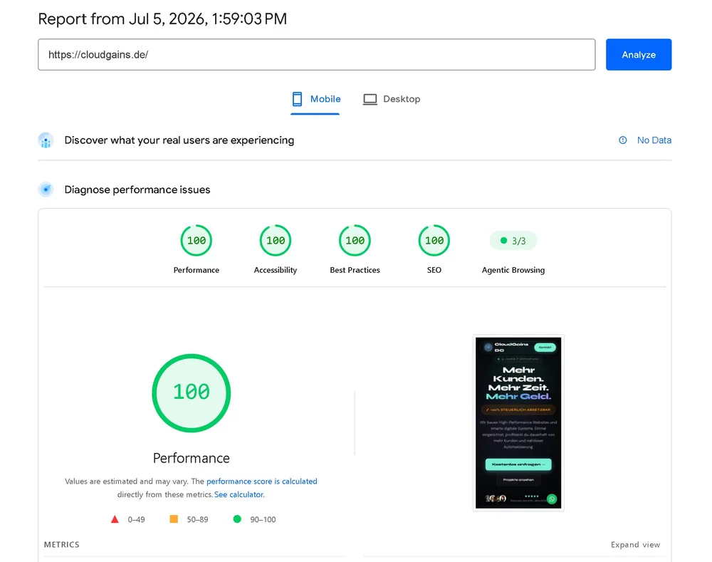 Google PageSpeed Insights Ergebnis für cloudgains.de: 100 Punkte in Performance, Accessibility, Best Practices und SEO (mobile)