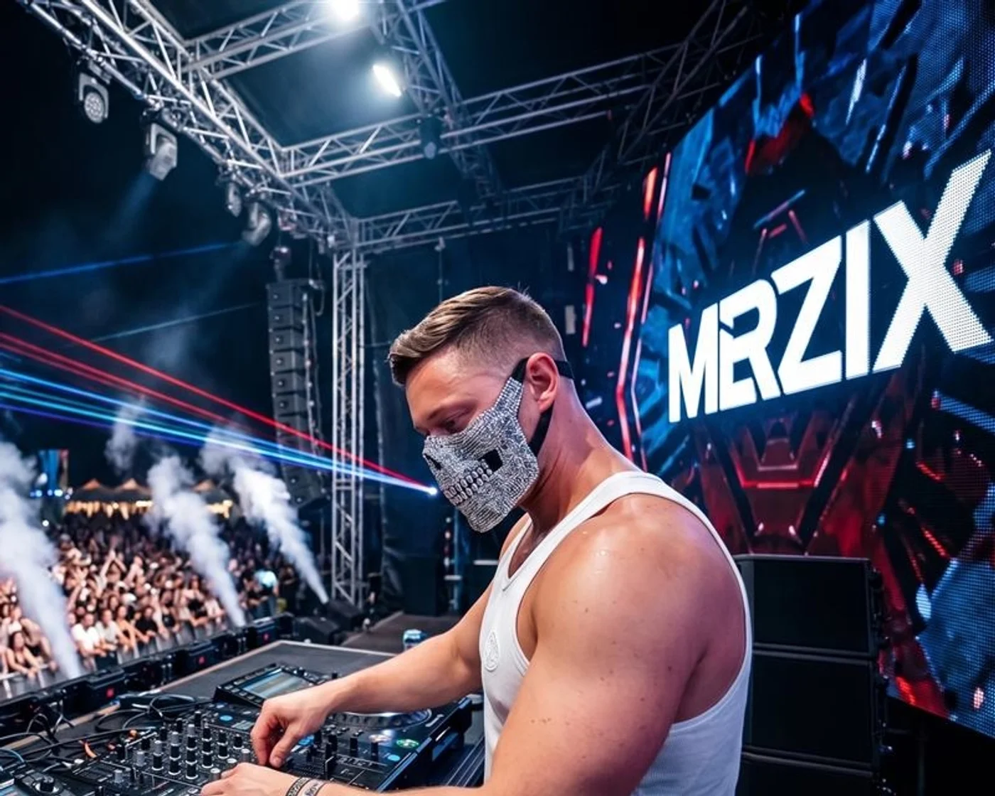 Merzix mit Strass-Maske am DJ-Pult auf einer Festival-Bühne, im Hintergrund eine LED-Wand mit dem Schriftzug MERZIX