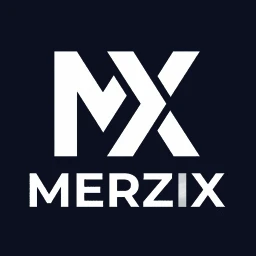Logo Merzix: weißes MX-Zeichen mit Schriftzug MERZIX auf dunklem Grund