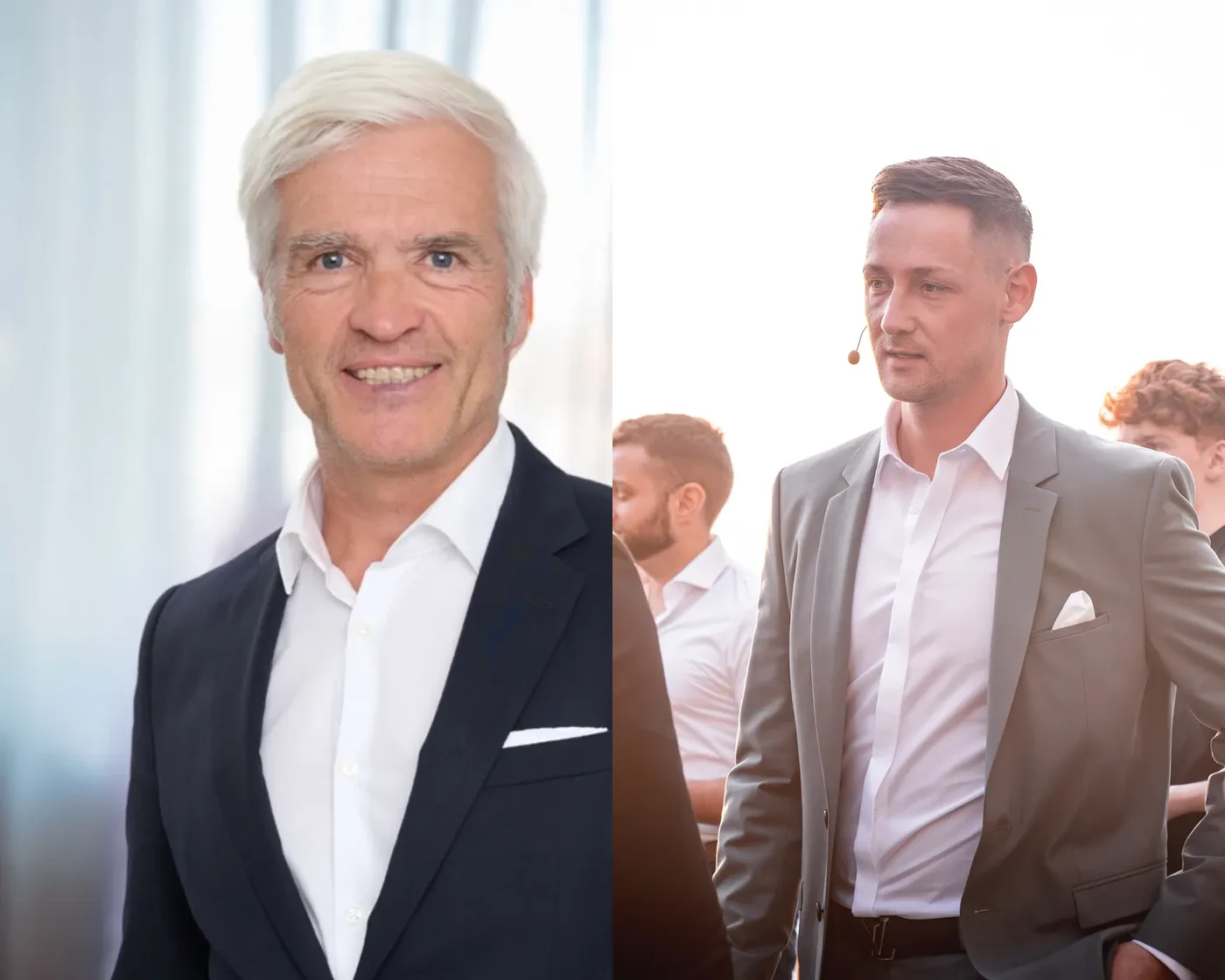 Porträts von Dr. Falk Christian Heck im dunklen Sakko und Florian Merzenich im grauen Anzug mit Headset