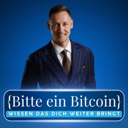 Cover des Podcasts Bitte ein Bitcoin: Mann im Nadelstreifenanzug auf blauem Grund