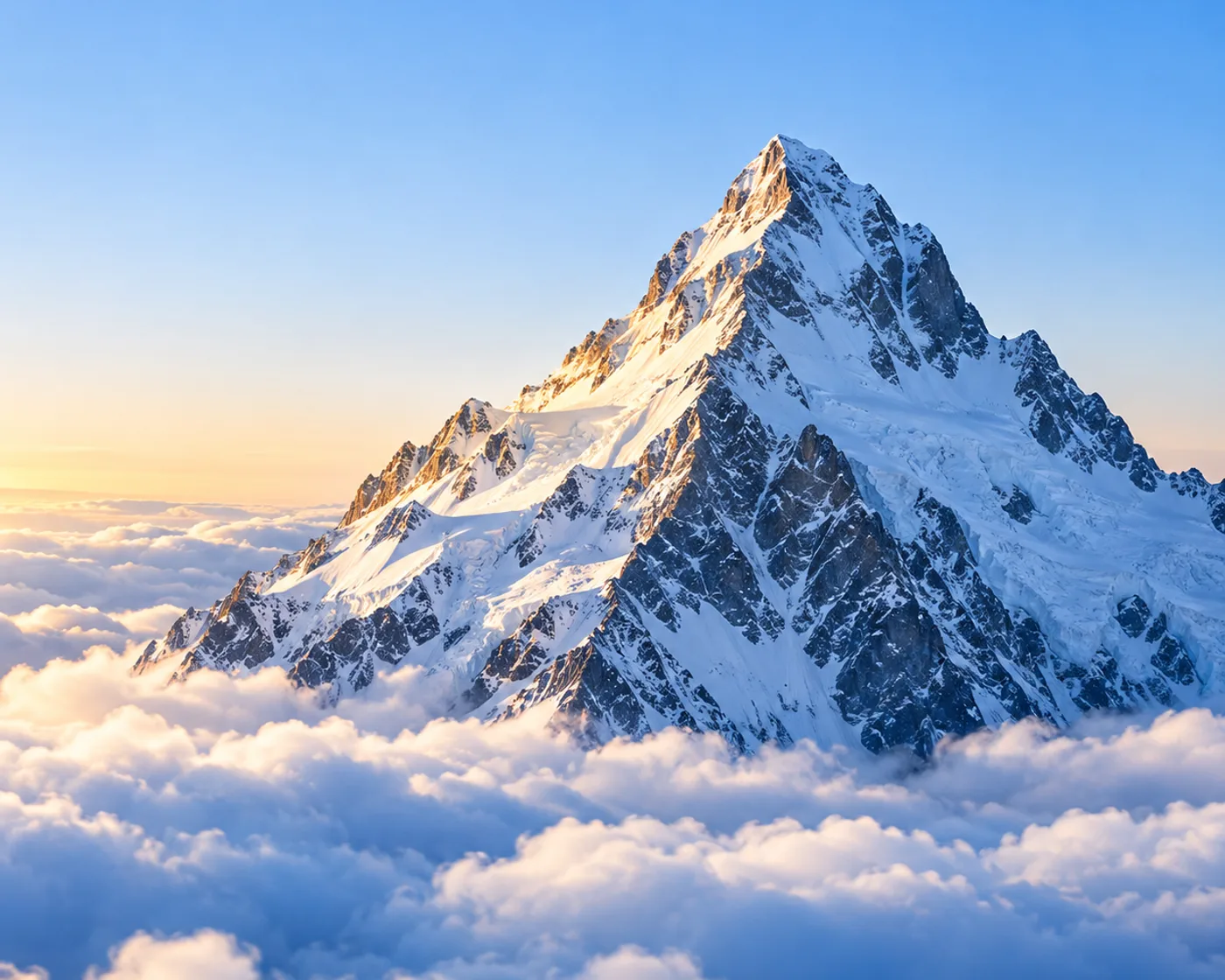 Schneebedeckter Berggipfel über einem Wolkenmeer im Morgenlicht