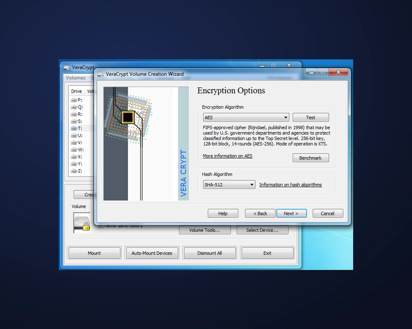 Oberfläche von VeraCrypt: Assistent zum Erstellen eines Volumes mit Auswahl des Verschlüsselungsalgorithmus