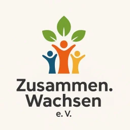 Logo Zusammen.Wachsen e.V.: drei Figuren mit erhobenen Armen unter grünen Blättern